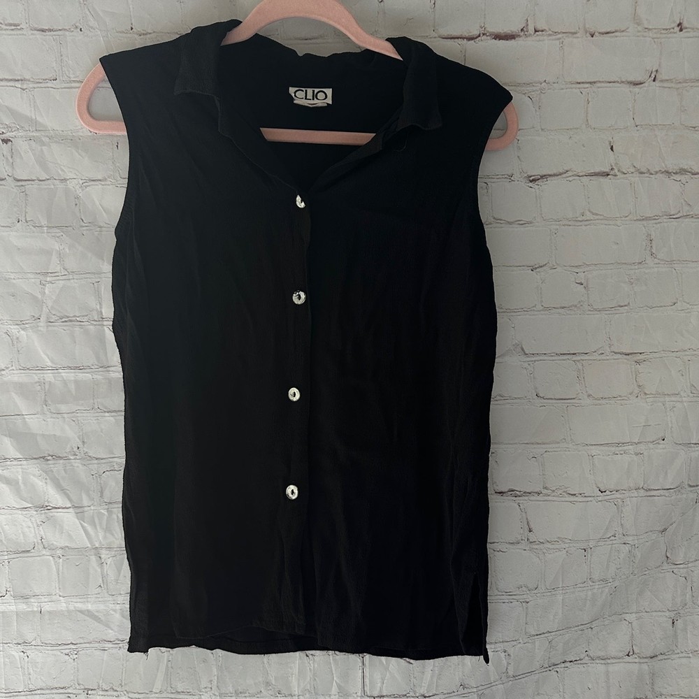 Clio Black Sleeveless Mother of Pearl Button Down Blouse M